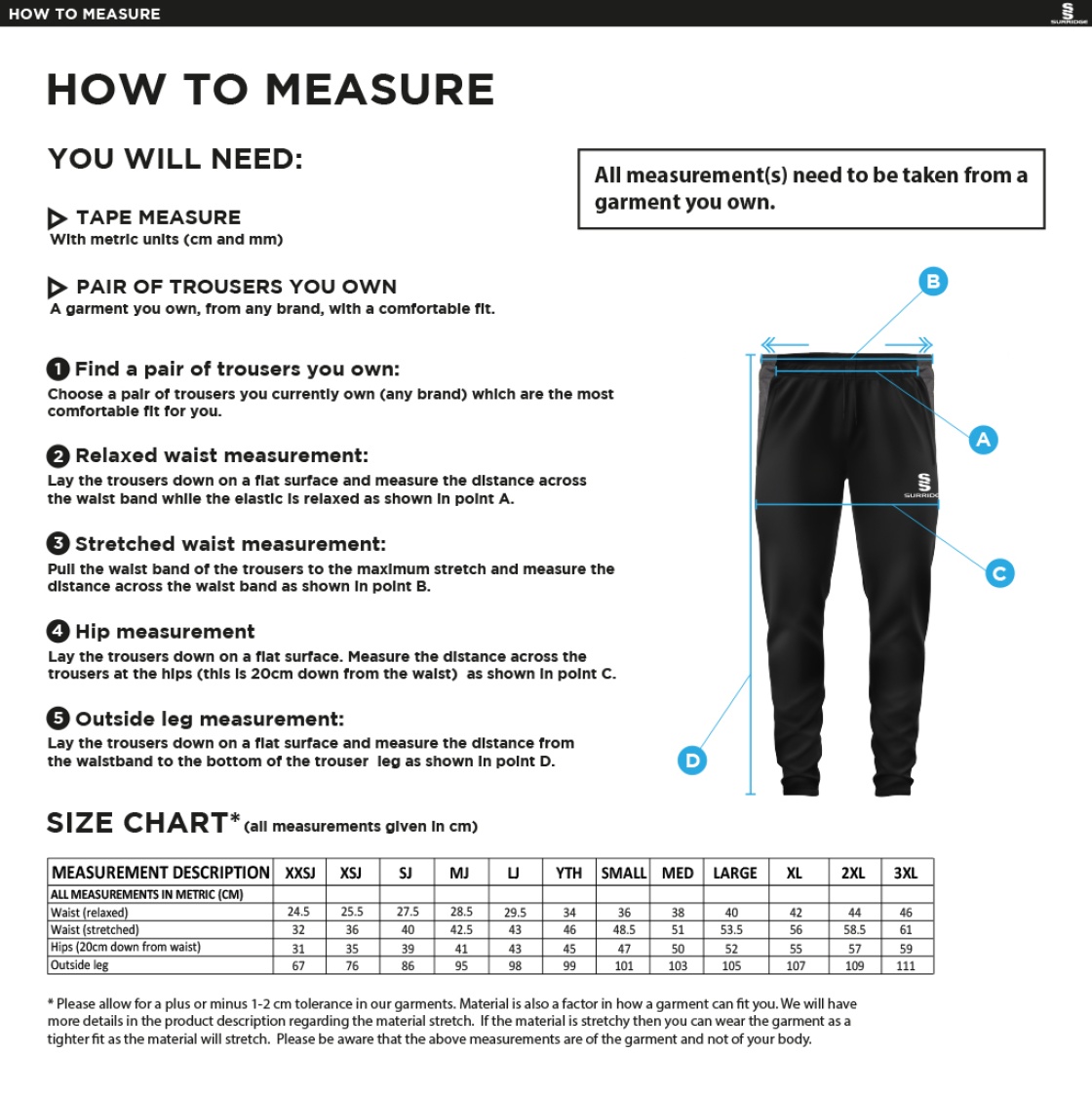 Sandwell Academy Performing Arts Staff - SLIM TRAINING PANTS - Size Guide