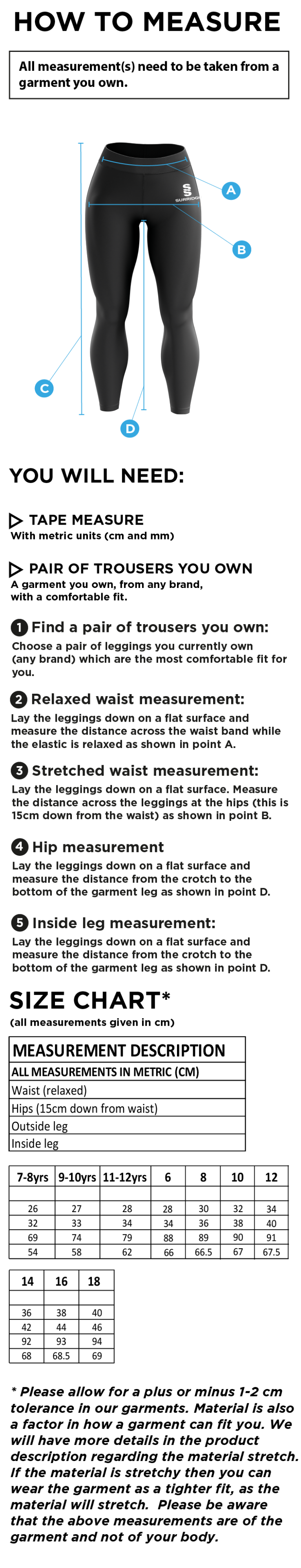 Sandwell Academy Performing Arts Students - DUAL LEGGINGS - Size Guide