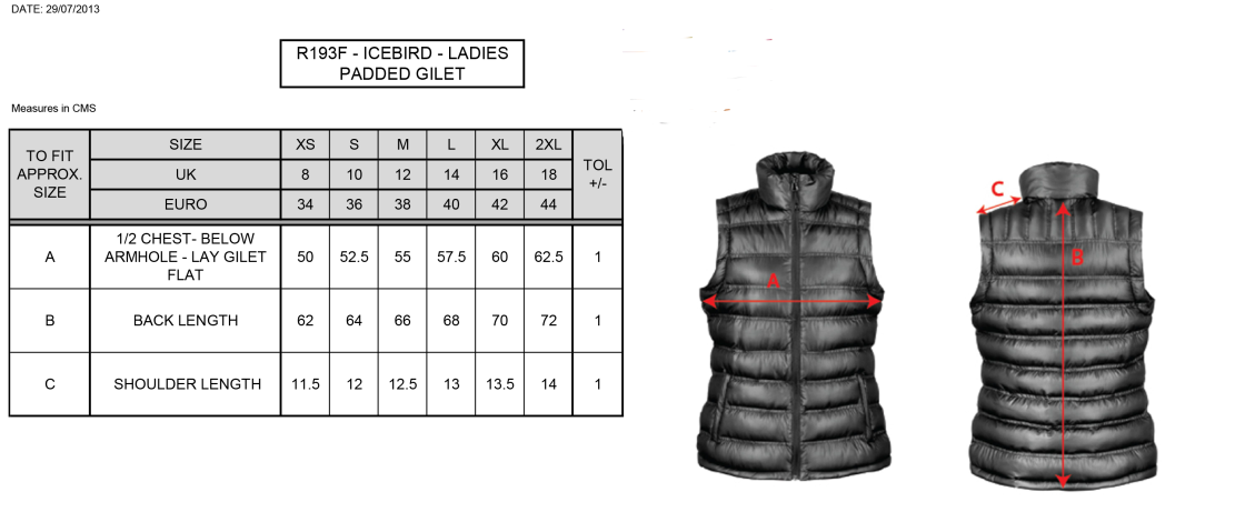 Women's PE STAFF Padded Gilet : Navy - Size Guide