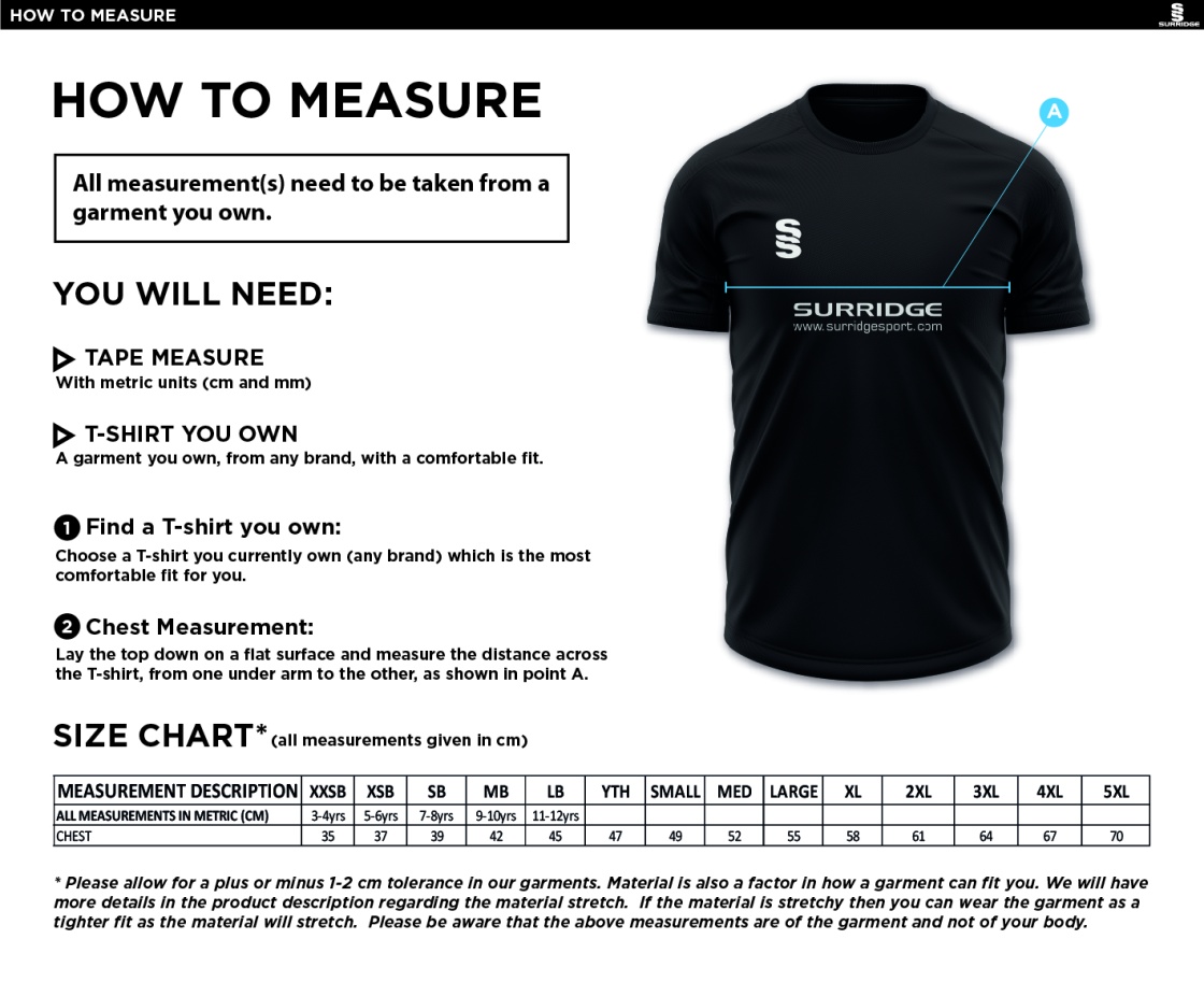 Sandwell Academy Performing Arts Students - DUAL TRAINING SHIRT - Size Guide