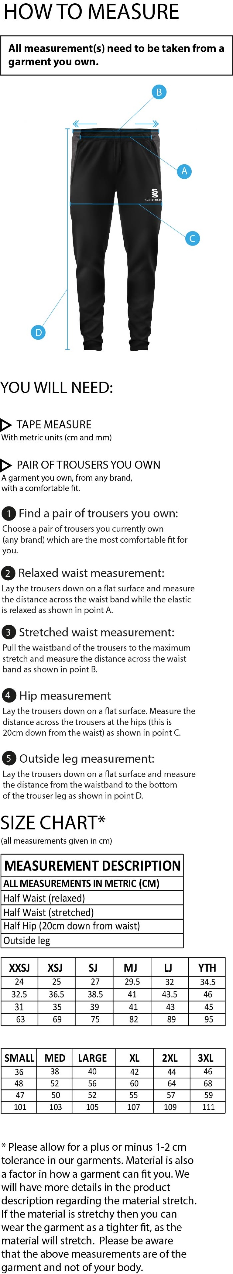 Sandwell Academy Performing Arts Staff - SLIM TRAINING PANTS - Size Guide