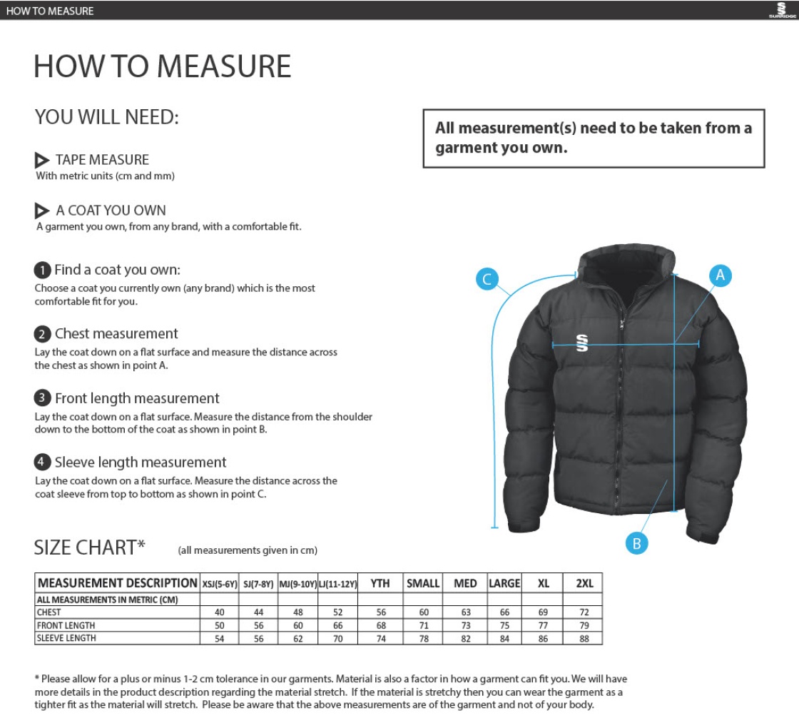 SANDWELL ACADEMY PE STAFF - Holkham Down Feel Jacket - Size Guide