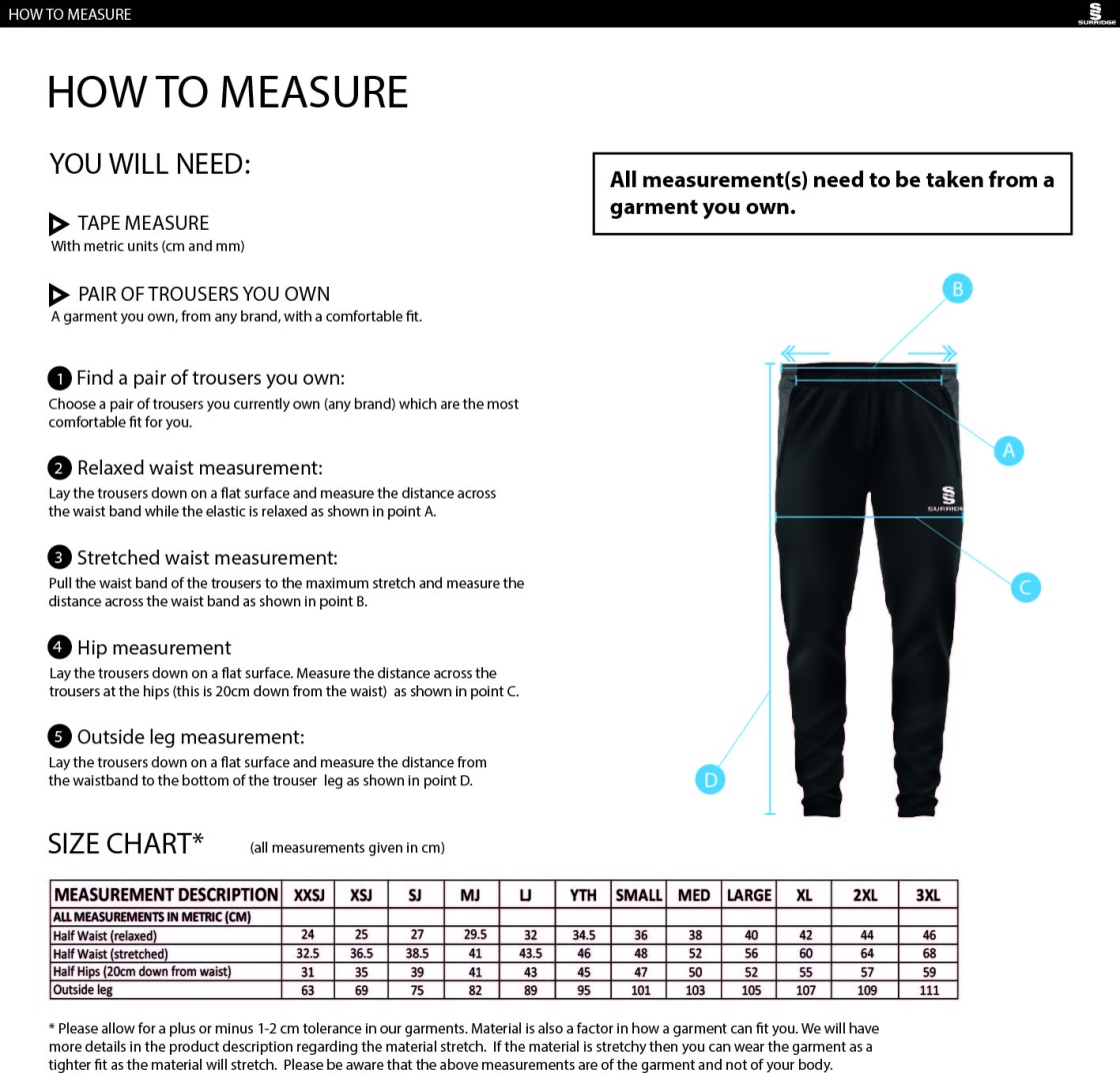 Sandwell Academy Performing Arts Staff - SLIM TRAINING PANTS - Size Guide