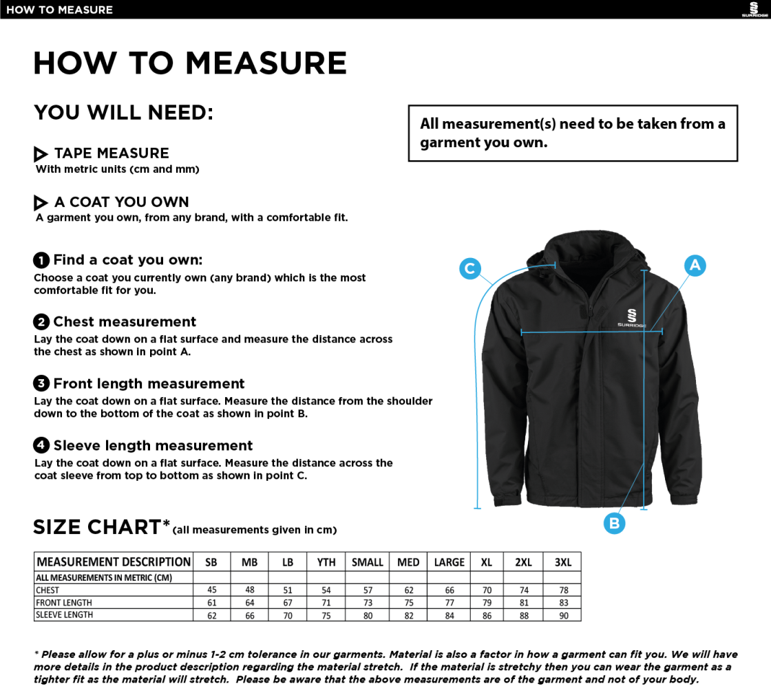 SANDWELL ACADEMY PE STAFF - FLEECED LINE JACKET - Size Guide